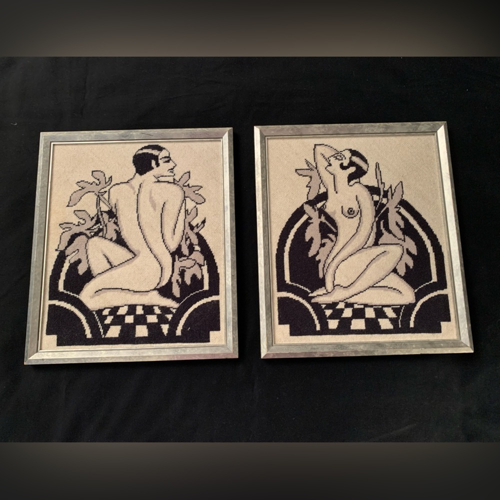 Vintage Art Deco His and Her Framed Needlepoint Wall Hangings